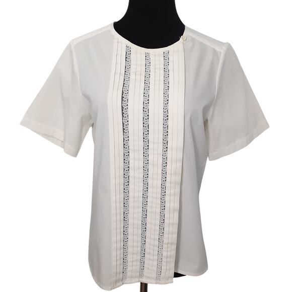 Vintage 80s Sheer Lace Button Up Shirt Tuxedo Pleated Cream Short Sleeve Retro - Picture 1 of 10
